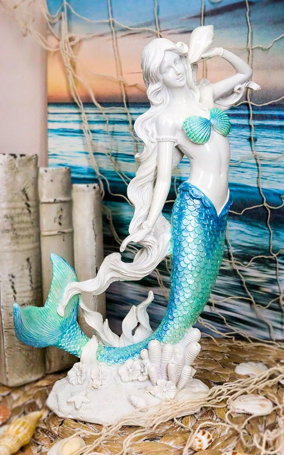 Large Nautical Capiz Blue Tailed Mermaid Ariel by White Coral Rocks Statue Ocean