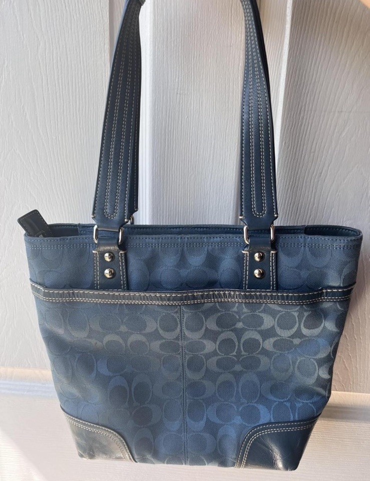Coach Women's Dark Blue Logo Tote Bag with Turn Lock, Bag Charm