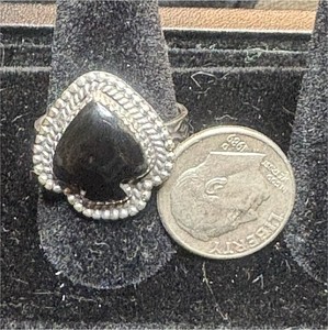 Spade Shaped Onyx Sterling Silver Ring Size 7.5 Bezel Setting Handmade