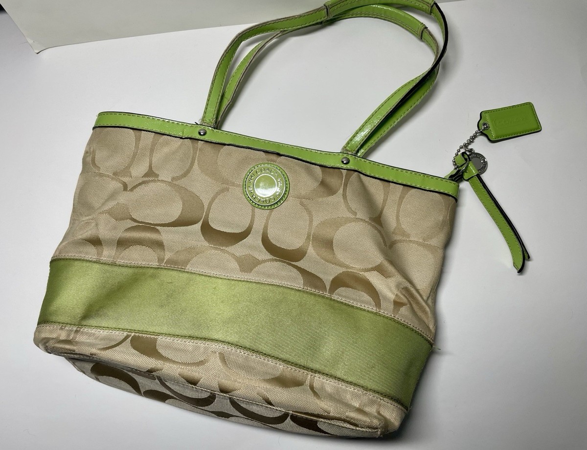 Coach Signature Canvas Tote Green Stripe Leather Trim Shoulder Bag
