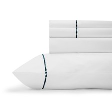 Linen Home 100 Cotton Percale Pearl Stitch Sheets, King Size, Dark Blue, Deep P