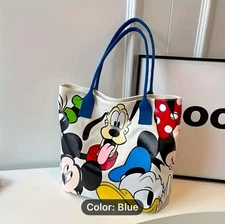 DISNEY TOTE BAG BLU STRAP/ZIPPER MICKEY PLUTO DONALD GOOFY MINNIE CANVAS 13x15in