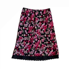 Vtg 90s floral pink black midi skirt fairy office lace trim fairy baddie S
