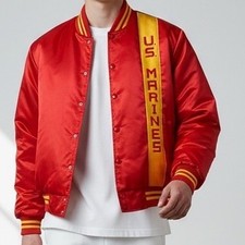 Vintage Soffe Marines Varsity Bomber Jacket Red Satin USA Mens XL Americana USMC