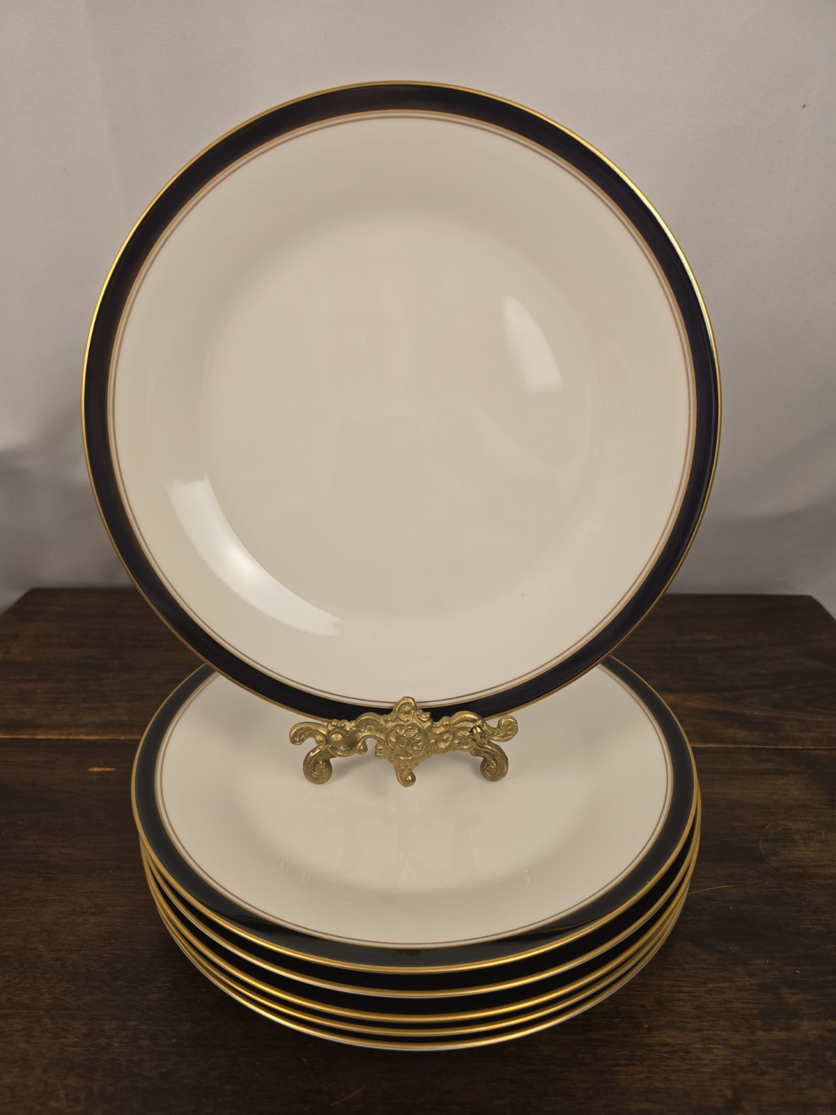 Set Of 6 Noritake Ivory & Ebony Ivory China Black/Gold Trim Dinner Plates 10.5