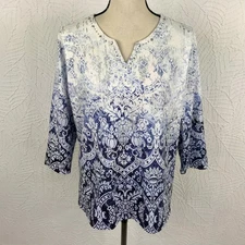 ALFRED DUNNER Blue Floral Shirt Top Size M Embellished Cotton Knit 3/4 Sleeves
