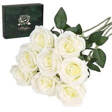 8 Pcs Fake White Roses Artificial Flowers Bulk, Real Touch Silk Faux Roses wi...