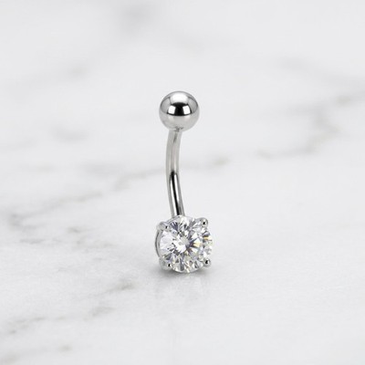 New Real 14k White Gold Prong Set 6mm CZ Belly Button Navel Ring Body Jewelry