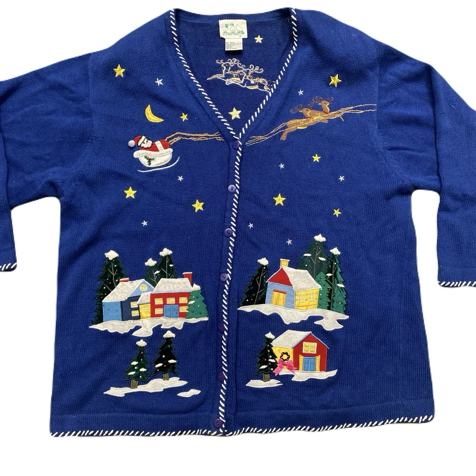 VTG The Quacker Factory Blue Embroidered Christmas Santa Sweater Women’s 3X - Image 2 of 4