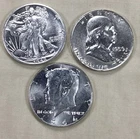 90% Silver Mixed Half’s WLH/franklin/kennedy (lot Of 3) Free Shipping.