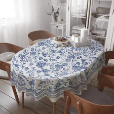 Oval Tablecloth - 60 X 84 Inch Blue Floral Rustic Tablecloth Classic French Coun