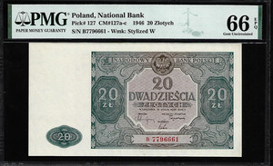 Poland 20 Zlotych  1946 PMG 66 EPQ UNC Pick #127 National Bank