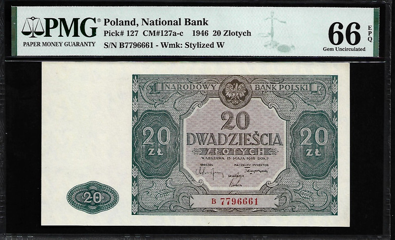 Poland 20 Zlotych  1946 PMG 66 EPQ UNC Pick #127 National Bank