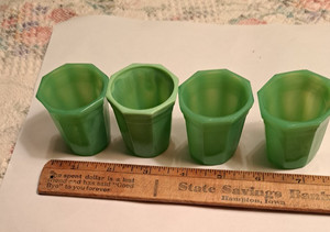4 octagon panel Akro Agate green jadeite glasses toy doll dishes Slag glass