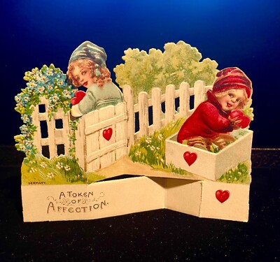 Vintage 3D Folding Valentine Card ''A Token of Affection . Boy and Girl. Germany.