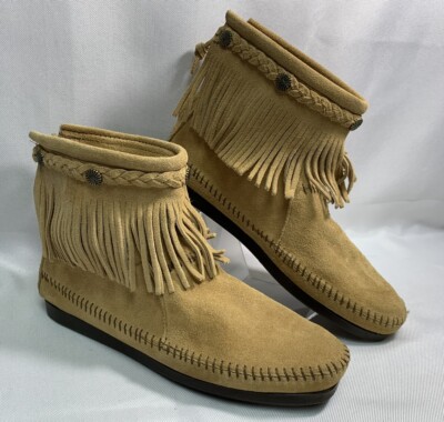 Minnetonka Women’s Suede Fringe Ankle Boots Tan Leather Booties Zipper Size 