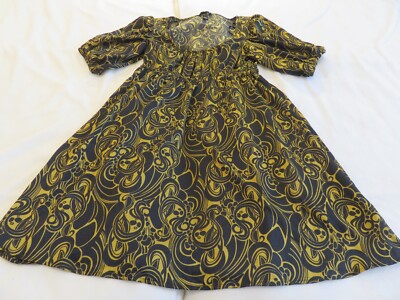 H&M HÜBSCHES SCHWARZ & OLIV KURZÄRMELIGES WIRBELNDES SATIN KLEID UK 12 JUGENDSTIL ISH