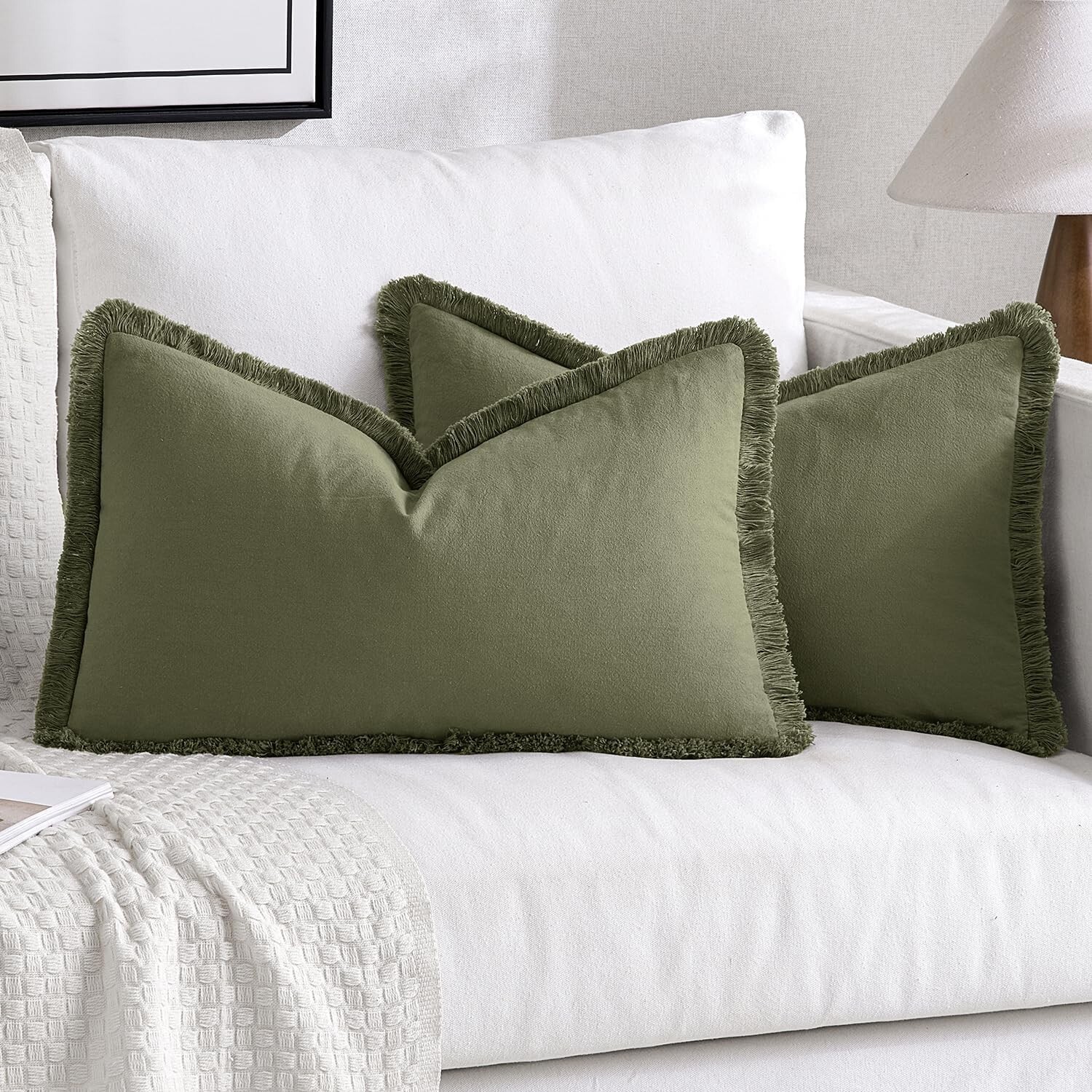 Elegant Olive Green Chenille Pillow Covers 12x20 - Set of 2