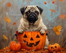 8x10 Matte Print Pug Sitting on Halloween Bucket