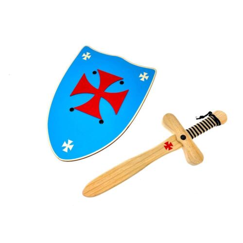 Spada Templare in legno + Scudo Azzurro medievale impugnabile - Foto 1 di 4