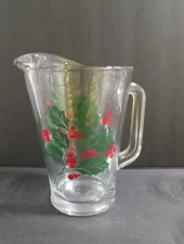 Vintage Crisa Clear Water Glass Pitcher HOLLY'S & BERRIES Christmas