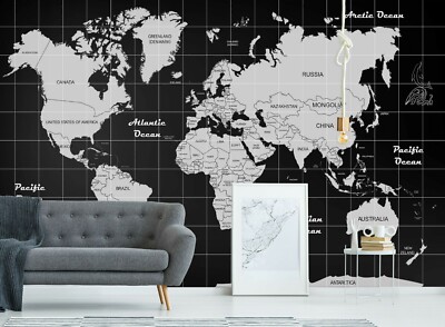 3D Black White 283NAO World Map Wallpaper Mural Removable Self-adhesive Amy