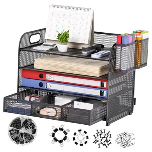 4 Tier Paper Organizer Letter Tray, Mesh Desk File Organizer with Drawer,-image