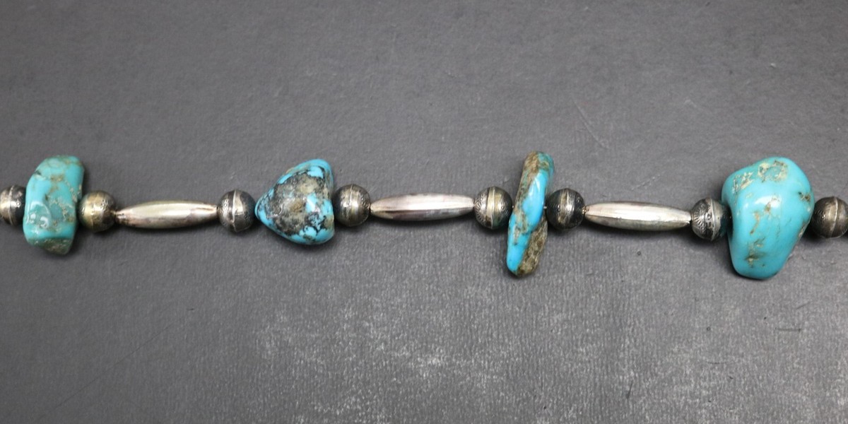 Unbranded Navajo Old Pawn Sterling Silver Bead Blue Turquoise Nugget Necklace View 4