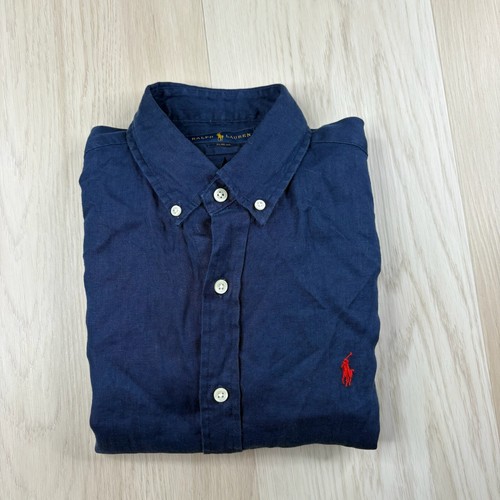 Polo Ralph Lauren Shirt Men's S Navy Blue Linen Slim Fit Long Sleeve Button-Down