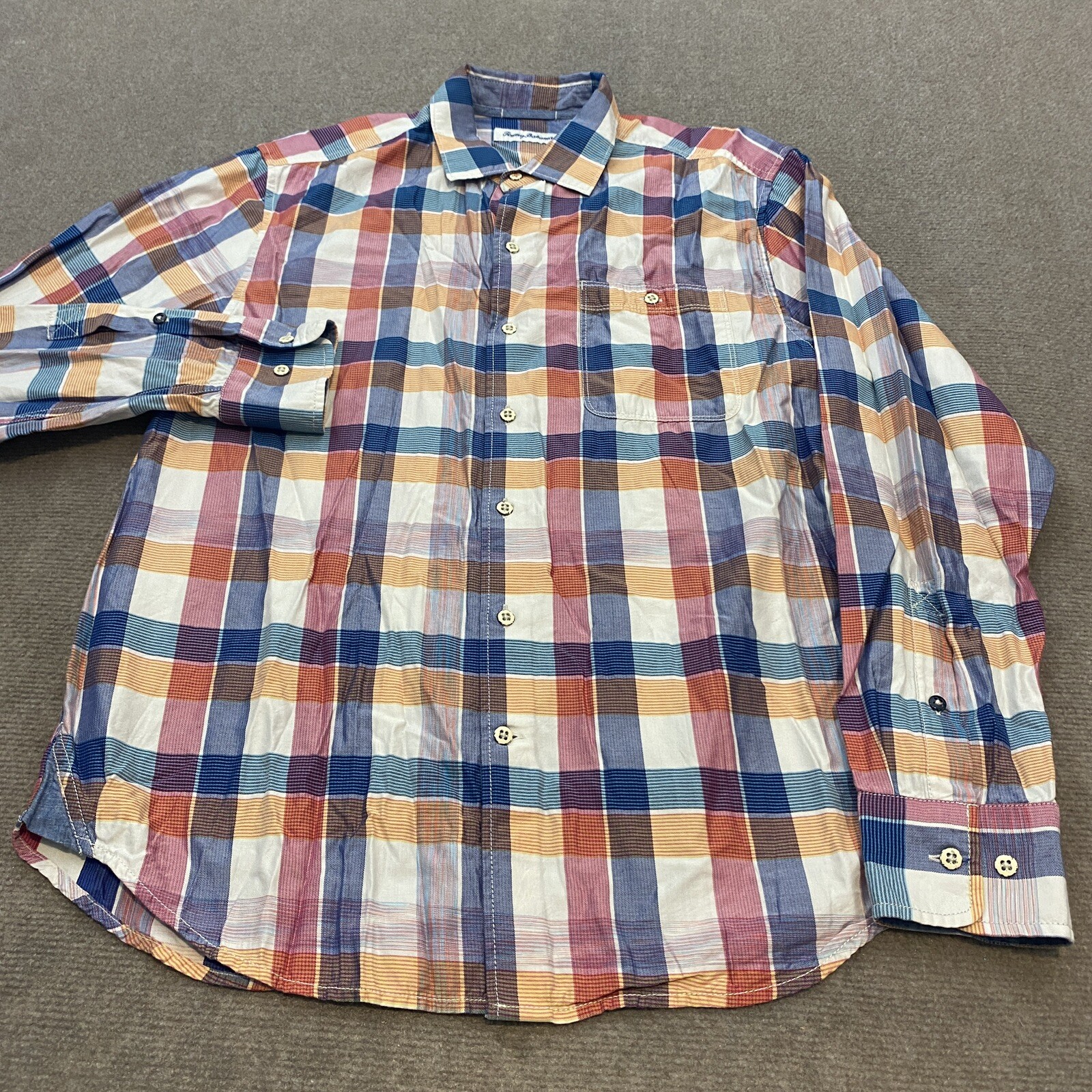 Tommy Bahama Shirt Mens Medium Colorful Plaid Tencel Blend Long Sleeve Beach