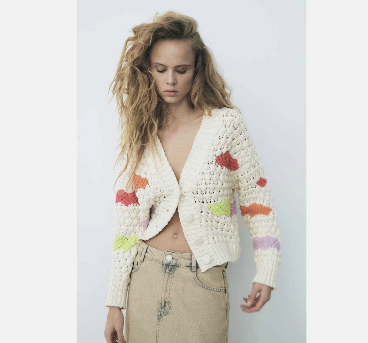 ZARA COLORBLOCK CHUNKY KNIT CARDIGAN MULTICOLOR ECRU LILAC S ZARA COLORBLOCK CHUNKY KNIT CARDIGAN MULTICOLOR ECRU LILAC S