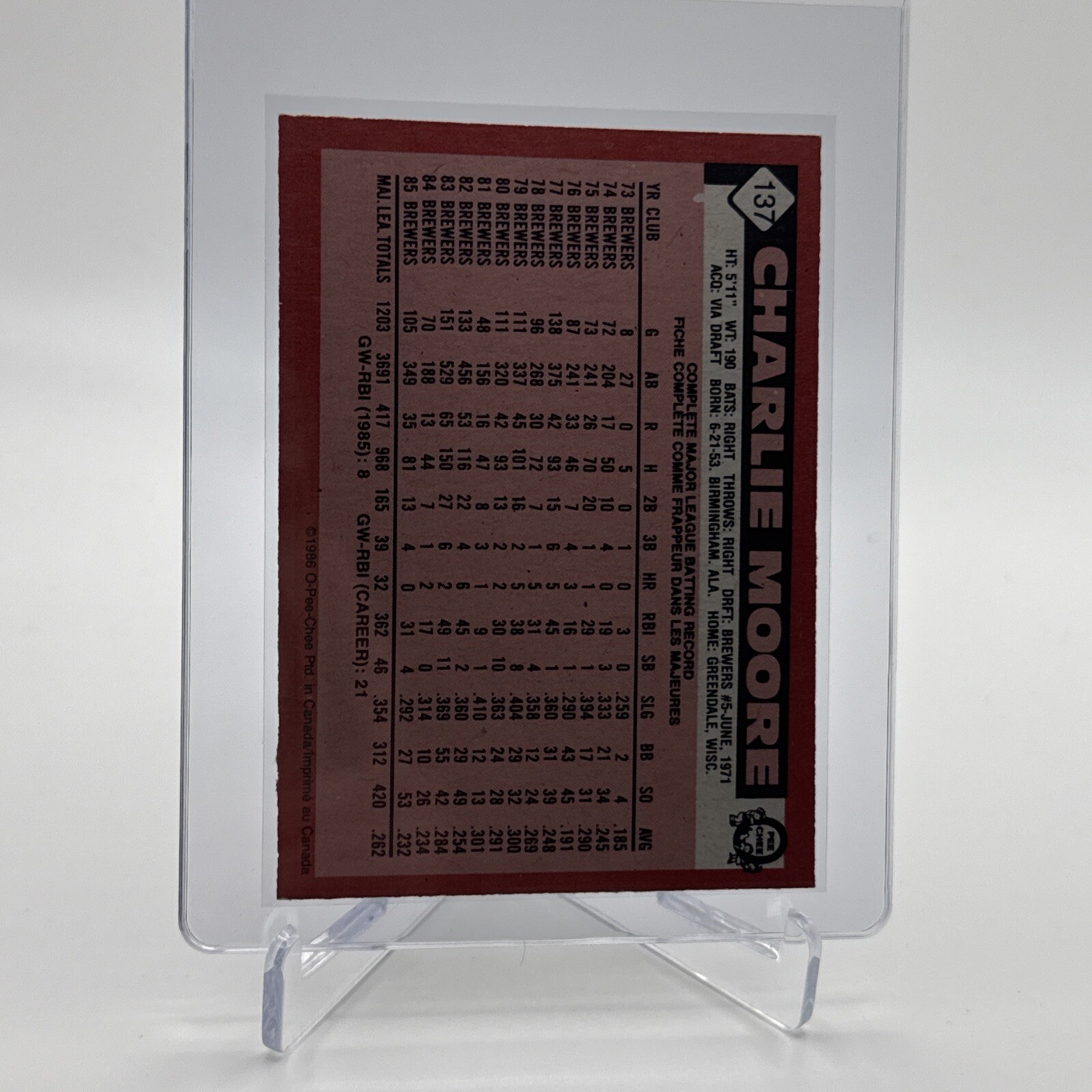 1986 O-Pee-Chee Charlie Moore Baseball Card #137 NM-MT Free Shipping