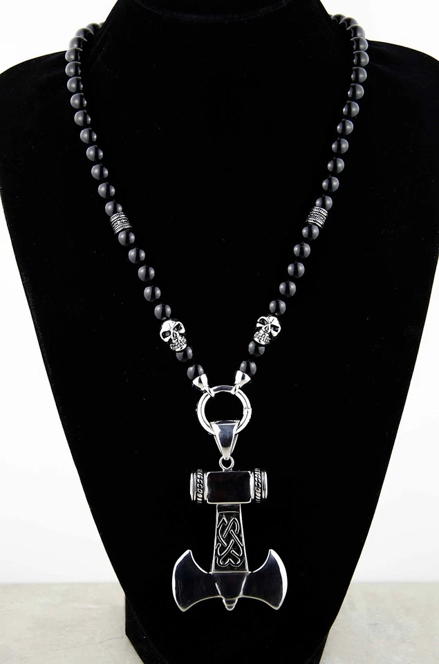 Herren Männer Halskette Rosenkranz Y-Kette Onyx Edelstahl Totenkopf Thors Hammer - Bild 4 von 4
