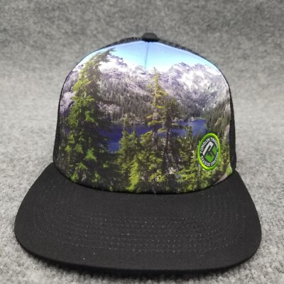Tonquin Trading Seaside Oregon Trucker Hat Cap Black Snap Back Mountain Scene