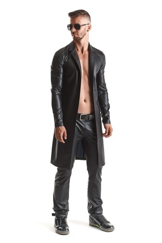 Mens Black Wetlook Midi Slim Coat - Picture 5 of 8