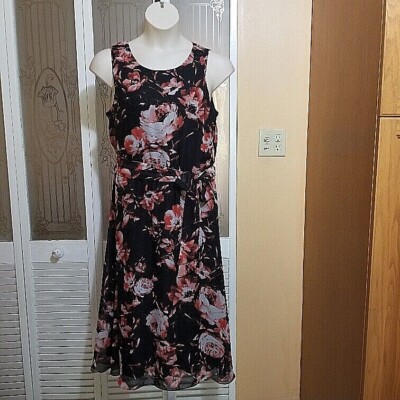 JBS Ladies Beautiful Black, Red, White Flowy Floral Dress - Size 14