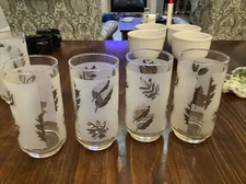 Vtg MCM Libbey Silver Leaf Frosted Glass Tumblers 5 1/2" tall Set of 4
