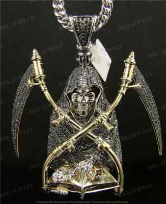 6.50Ct Lab-Created Black Ghost Grim Reaper Skull Pendant 14k TwoTone Gold Plated