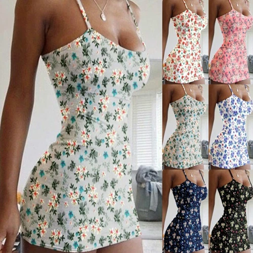 Sexy figurbetontes Damen-Mini-Trägerkleid Blumen Spaghettiträger Party Clubwear Kleid↷ - Bild 3 von 57