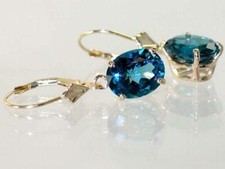 14K Gold Leverback Earrings, London Blue Topaz, E107
