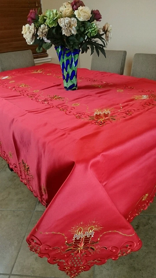 72x90" Embroidery Red Christmas Holiday Poinsettia Tablecloth Napkins Rectangle - Image 2 of 4