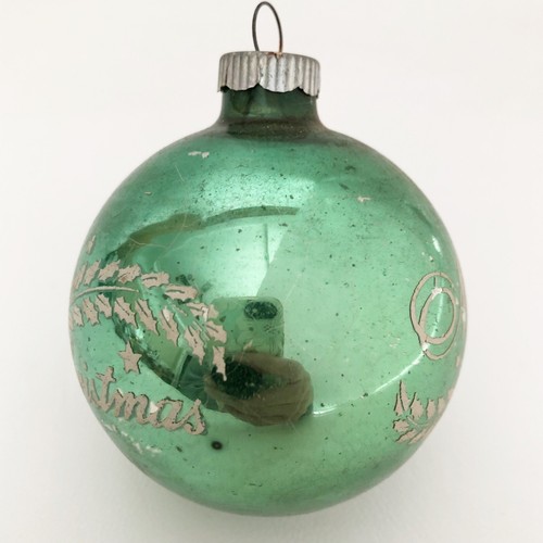 VTG Shiny Brite Stencil Merry Christmas Ornament Mint Jadeite Green 2.5” Patina - Picture 4 of 7