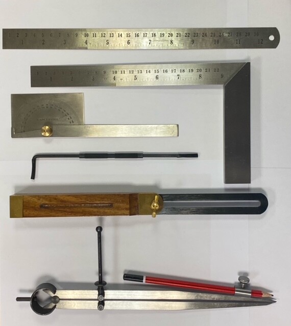 Woodworking / Carpentry Measuring Tools Set 6pc -Inc Protractor, Square, T-Bevel