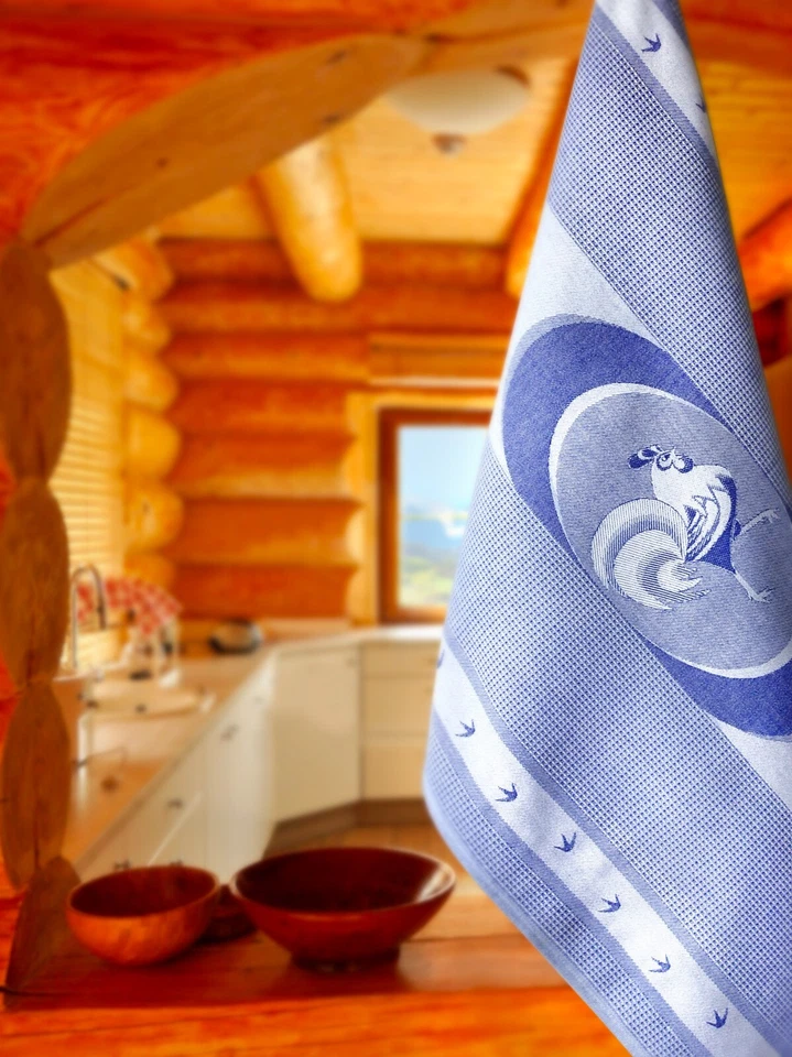 CRYSTAL ARROW Rooster Chicken Jacquard Kitchen Dish/Tea Towel Blue 100% Cotton Czech