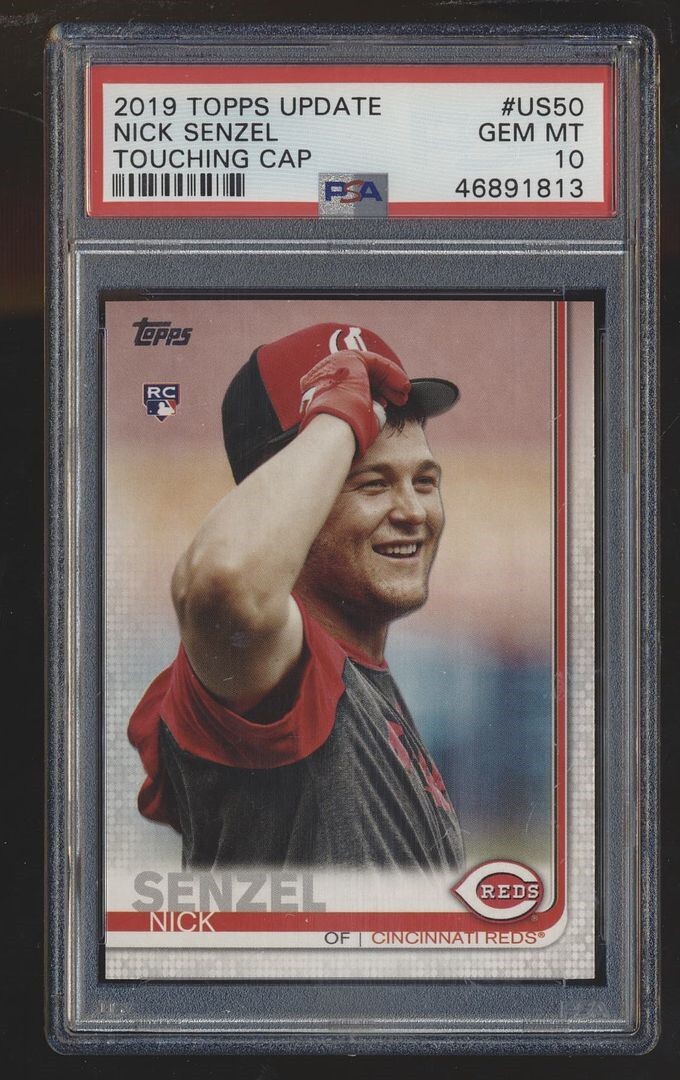 2019 TOPPS UPDATE TOUCHING CAP ROOKIE VARIATION PSA 10 NICK SENZEL REDS