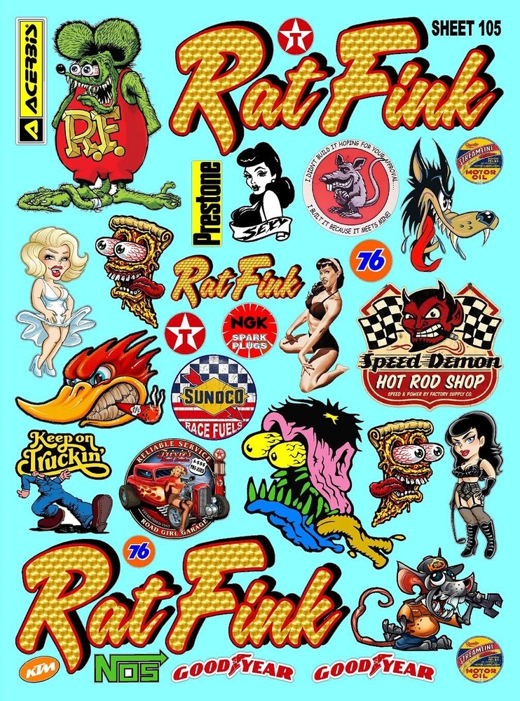CLEAR VINYL Sticker Sheet 105 RAT FINK Decal 1/24-1/16 Scale DIE CUT PEEL