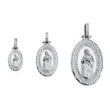 Solid 925 Sterling Silver Virgin Mary Pendant Oval Amulet Iced Necklace Catholic