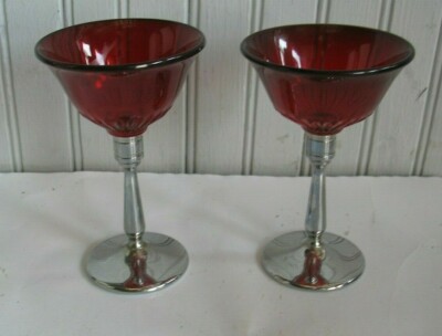 PR ART DECO RUBY RED 5'' COCKTAIL WINE GLASSES SPIRAL twist off CHROME STEM 