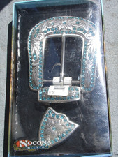 Nocona Belt Buckle Large Ranger Set Blue Rhinestone w/ Flower Scroll Work in Box