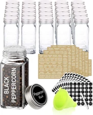 25 Glass Spice Jars with 703 Spice Labels, Chalk Marker and Funnel Complete Set.